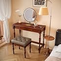 39.4"W Wood Writing Desk Stool Set, Small Vanity Set-Cheery&Light Wheat