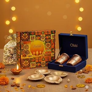 baynut diwali premium hampers for gifting with diwali cardcopper glass set with velvat box 4 metals diyas and 150gm dryfruits potli