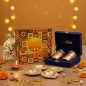 BayNut Diwali Premium Hampers for gifting with diwali card,copper glass set with velvat box, 4 metals diyas and 150gm dryfruits potli