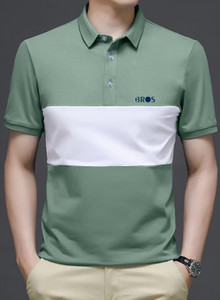 3bros men colorblock polo neck cotton blend 180 gsm light green t-shirt
