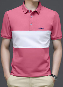 3bros men colorblock polo neck cotton blend 180 gsm pink t-shirt