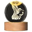 3D Laser Engraved Bird Crystal Ball with LED Stand, 60mm Hummingbird Figurine Lamp Night Light, Glass Hummingbird Globe Paperweight Gift