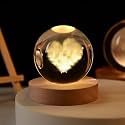 3D Love Heart Crystal Ball Night Lamp,Creative Engraved Crystal Ball Night Light, USB Table LED Wooden Crystal Ball for Home Office Decoration Birthday Gift Adults (Love Heart)