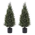 3ft(35”) Artificial Cedar Outdoor Artificial Shrub Sunlight Resistant Leafy Potted Plant for Indoor Porch of Home and Office Artificial Outdoor Tree 2 Pieces a Set Topiary Trees