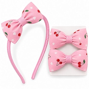 3pcs cherry print bow headband with hair clips for girls pack of 3 hairband and bow clips set pink hair accessories for kids baby toddler  gogopogo