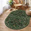 3x5 Oval Washable Rug Green Floral Rug Non-Slip Indoor Carpet