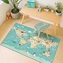 3x5 Play Mat for Kids Playroom - Colorful World Map Rug for Kids, Small Soft Educational Play Rug with Cute Animals by Continent, Washable Stain Resistant Foldable for Toddler Bedroom - Blue