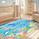 3x5 Small Kids Rug for Bedroom - Washable Soft Ocean Themed Rug for Kids Room, Bathroom and Playroom – Sea Animal Carpet for Children, Toddler, Whale Mermaid &amp; Marine Life Educational Learning Carpet