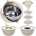 4-1 Colander with Bowl & Spoons Set - Rotatable Colander for kitchen with New Upgraded Graters, Food Strainer(Patented) for Pasta, Fruits, Vegetables, Funny Presents for Women, Beige