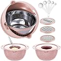 4-1 Colander with Bowl &amp; Spoons Set - Food Strainer with New Upgraded Graters &amp; Spoons - Colanders for kitchen(Patented) - Strainer for Fruit Pasta Veggie, Funny Presents for Women, Pink