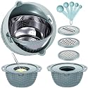 4-1 Strainer with Bowl &amp; Spoons Set - Strainers and Colanders(Patented) - Colanders for kitchen - Food Strainer with New Upgraded Graters &amp; Spoons - Fruit Bowl for Pasta Fruits Veggie- Blue