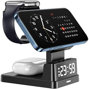 4 in 1 wireless charger with alarm clock23w wireless charging station for multiple devicescharging stand dock for i-phone 16 15 14 13 12 11 pro max seriessam-sung phoneiwatchair-pods pro 432