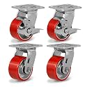 4" Heavy Duty Caster Wheels, Polyurethane Industrial Casters Set of 4 with Load 3200lbs Capacity