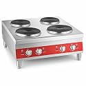 4-Burner French-Style Electric Range, 208/240V, Countertop, Stainless Steel, 24x25x11.7 Inches, 5600W, Sealed Cast Iron Plates, Infinite Controls