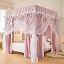 4 Corners Post Solid Color Bed Canopy Curtain Double Layer Princess Mosquito Net for Girls Adults Bedroom Decoration Queen Size Pink