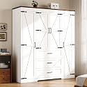 4 Door Armoire Wardrobe Closet Cabinet with 3 Drawers and Drawers, Farmhouse Bedroom Armoire with Hanging Rod and Adjustable Shelves, Large Capacity Storage Wardrobe Armoire for Bedroom, White