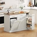 4 EVER WINNER 53" Kitchen Island Cart with Hidden Trash Storage, 3-Tier Spice Rack &amp; Adjustable Shelves, Mobile Kitchen Counter on 5-Wheel Casters for Kitchen, Living Room, White