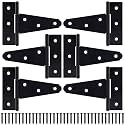 4 Inch T-Strap Gate Hinges, Heavy Duty Shed Door Hinges, Black Tee Hinges for Wooden Fences, Yard Gates, Rustproof Wrought Iron Hardware, 6 Pack