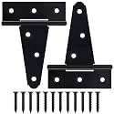 4 Inch T-Strap Gate Hinges, Heavy Duty Shed Door Hinges, Black Tee Hinges for Wooden Fences, Yard Gates, Rustproof Wrought Iron Hardware, 2 Pack