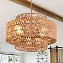 4-Light Boho Chandelier for Dining Room 3-Tier Rattan Light Fixture