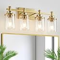 4 Light Brushed Brass Vanity Light Over Mirror, Gold Bathroom Fixtures, Vintage Wall Sconce With Clear Glass Shade, Brushed Gold Lights for Bathroom