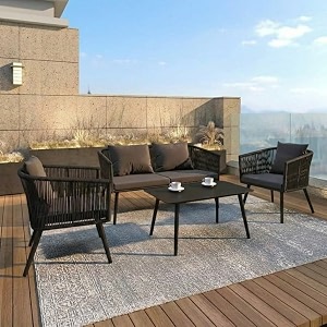 loccus 4-piece outdoor furniture collection rope woven bistro set with soft cushions amp center table for garden balcony patio backyard porch black amp grey color