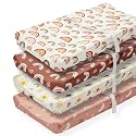 4 Pack Boho Nursery Sheets - Sunshine and Rainbow Design, Neutral Unisex Fitted Baby Changing Pad Cover Sheets for Baby Boys or Girls