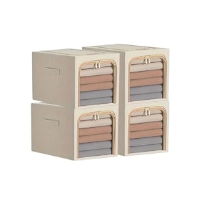 4 pack clothes storage bins with metal frame foldable clothing storage bins with lids 31l stackable storage box storage bags fabric bins organizer with clear window zippers sturdy handles