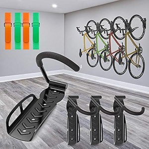 4 pack garage bike rack wall mount organizer bike hook bicycle hanger storage system vertical hanging for indoor shed easily hang heavy duty 66 lbs for road mountain hybrid bikes with 4 rack straps