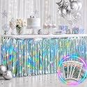 4 Pack Iridescent Silver Laser Foil Fringe Table Skirt, Party Decorations