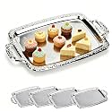 4-Pack Large Rectangle Silver Serving Trays, 15.4" x 9.3" Stainless Steel Mirror Finish Platters for Party, Wedding, Buffet, Dessert, Appetizer and Catering Display