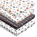 4 Pack N Play Sheets Woodland Forest Animals Wood Neutral Unisex Fitted Baby N Play Sheets Fitted for Standard Pack and Plays and Mini Cribs Set for Baby Boys or Girls