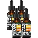 (4 Pack) Organic Vitamin D3 K2 Drops with MCT Oil &amp; Omega 3 - Liquid Vitamin D3 5000 IU - K2 D3 Vitamin Supplement - Vitamin D Drops for Women &amp; Men - No Fillers, Non-GMO, GMP, Unflavored (4 Fl Oz)
