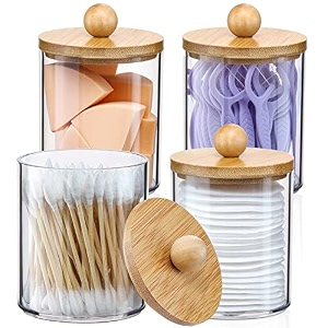 4 pack qtip holder dispenser with bamboo lids - 10 oz clear plastic apothecary jar containers for vanity makeup organizer storage - bathroom accessories set for cotton swab ball pads floss