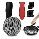 4 Packs Cast Iron Scrubber with Long Handle Chain Mail Cast Iron Cleaner Chainmail Pan Skillet Cleaning Kit Stainless Steel Scrubber Brush for Dishes Scouring Pad Grill Pan Dishwasher Safe