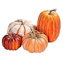 4 PCS Assorted Sizes Rustic Fall Artificial Pumpkins, Realistic Faux Pumpkins with Vintage Orange White Red Finishes, for Fall Halloween Thanksgiving Holiday Home Mantel Tabletop Decorations