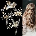 4 PCS Bridal Hair Pins Gold Leaf Crystal Floral Pearl Headpiece Vintage Flower Wedding Hair Accessories for Brides Bridesmaids Women Girls