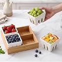 4 Pcs Ceramic Berry Baskets with Bamboo Tray, Fruit Colander Set