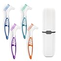 4 Pcs Denture Brush Set for False Teeth with White Carrying Case, Denture Toothbrushes with Double Sided Design, Dental Brush with Multi-Layered Soft Bristles and Rubber Anti-Slip Handle, 4 Colors