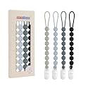 4 Pcs Gray Baby Silicone Teething Pacifier Clip,One-piece Design,Round Shape,Smooth Surface,BPA Free.