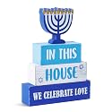 4 Pcs Hanukkah Wooden Tiered Tray Decor, Menorah Hanukkah Decorations Gifts for Home, Jewish New Year Table Centerpiece for Xmas Party Kitchen Office