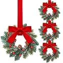 Knitgrip 4 Pcs Mini Christmas Wreaths Red Bow Pine Cone for Cabinet Door
