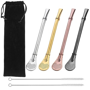 4 pcs premium spoons bombillas yerba mate straw senhai drinking stirring spoon head filter straws with 2 cleaning brushes- 6134 4 colors