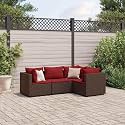 4 Piece Brown PE Rattan Patio Lounge Set with Red Cushions, UV-Resistant Outdoor Furniture for Garden and Balcony, Modular Design Weather-Resistant Construction Easy