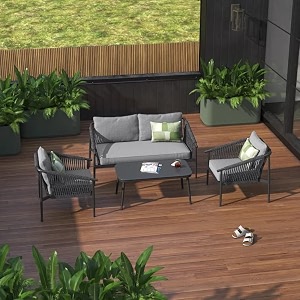 loccus 4 piece indooroutdoor rope woven patio conversation set powder-coated iron frame handwoven weaving rope modern sofa for balconybackyardliving roomwaterproof furniture grey and off-white