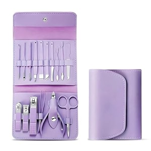 4piece nail clipper kit  stainless steel manicure amp pedicure set with cuticle pusher amp file  compact travel-ready grooming kit for men amp women purple