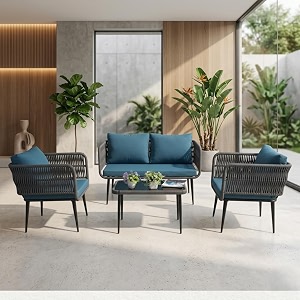 loccus 4-piece outdoor amp indoor rope sofa set with waterproof cushions  patio garden balcony lawn terrace conversation amp bistro furniture durable woven rattan lounge set grey amp blue
