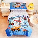 4 Piece Toddler Bedding Set for Boys,Cars Construction Toddler Bed Comforter Set Includes Comforter,Flat Sheet,Fitted Sheet and Pillowcase,Christan Trucks Tractors Bed in A Bag for Kids Bedroom