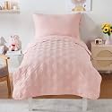 4 Piece Toddler Bedding Set for Girls Pink Geometric Stitched Soft Microfiber Crib Bed Sheets Set Lightweight Quilted Comforter Set for Baby | Include Comforter, Flat Sheet, Fitted Sheet, Pillowcase