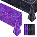 Just Shimmer 4 Pieces Black & Purple Holographic Tablecloth 40" x 108" Party Decoration Birthday Party Table Decor Iridescence Plastic Table Cloth for Bachelorette Supplies